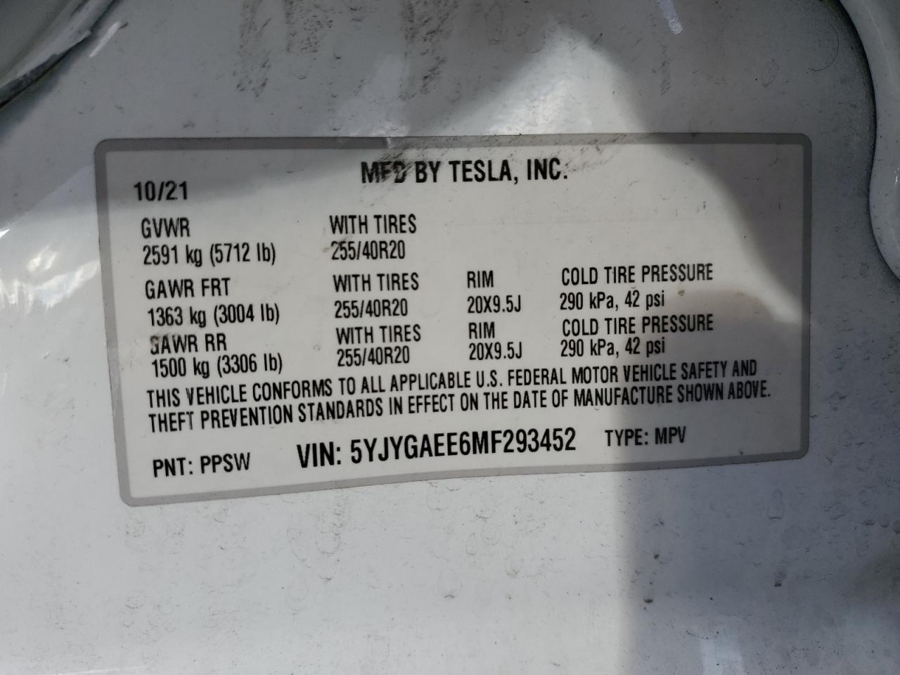 5YJYGAEE6MF293452 2021 Tesla Model Y