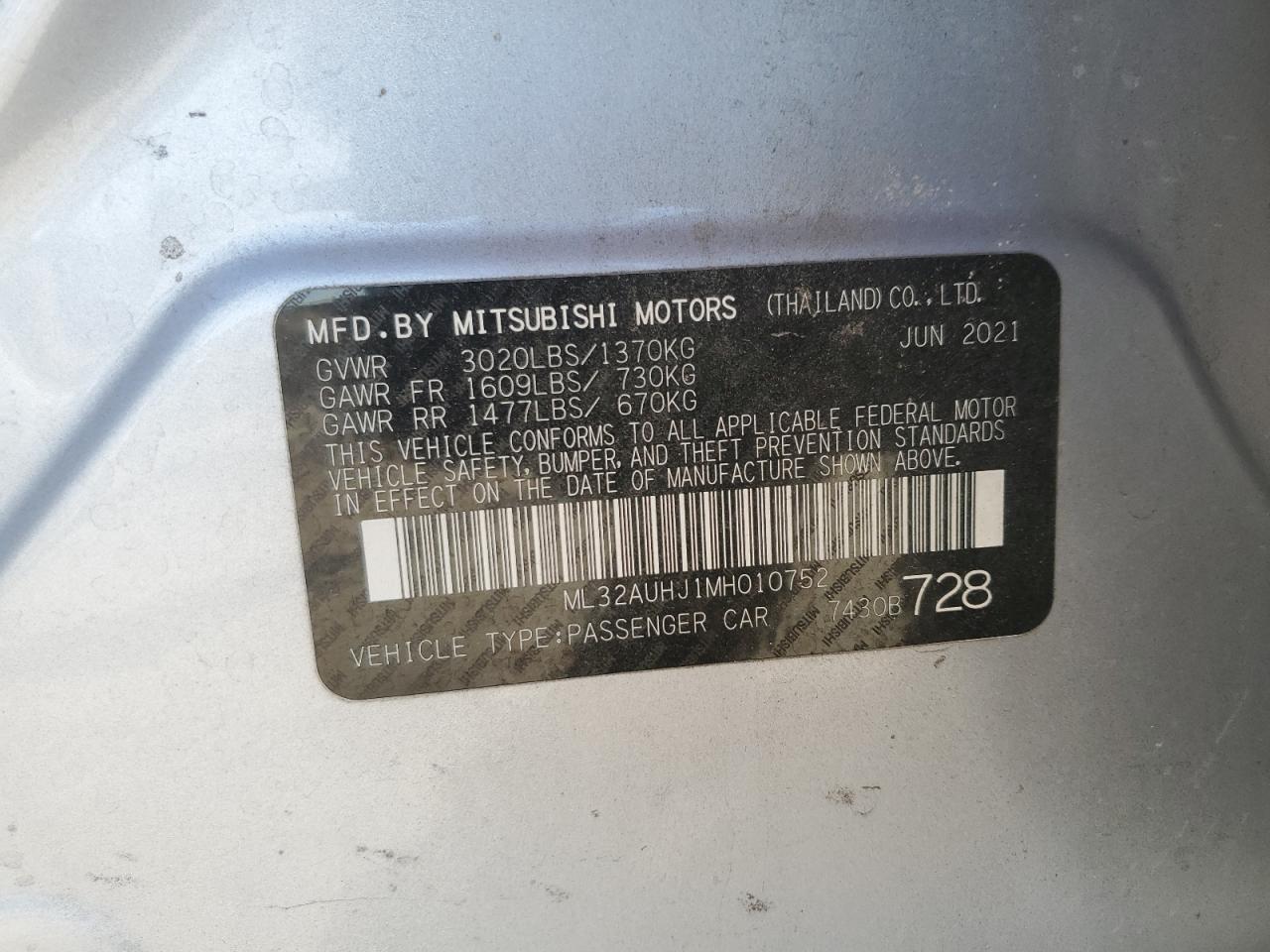 2021 Mitsubishi Mirage Es VIN: ML32AUHJ1MH010752 Lot: 75817924