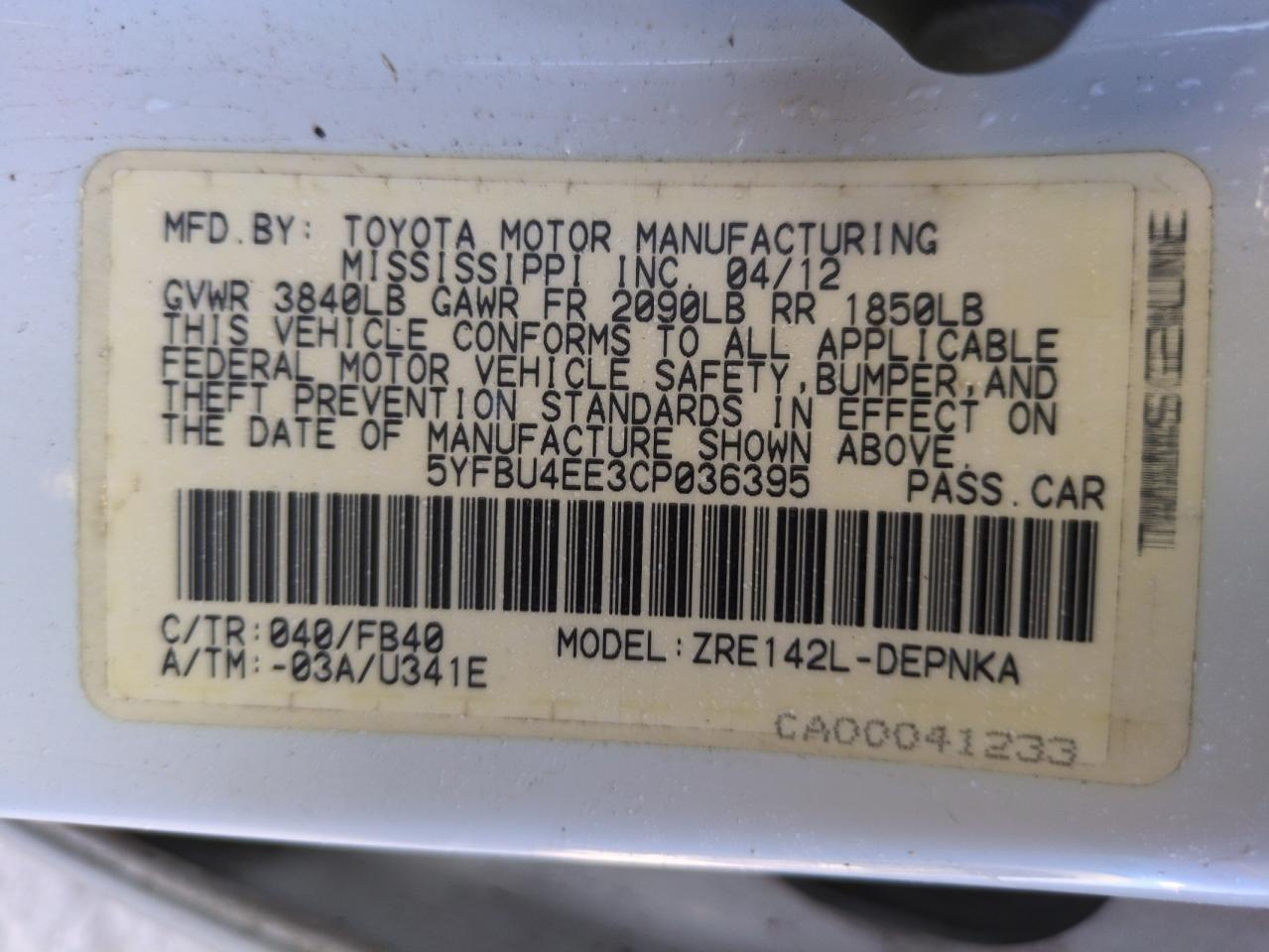 5YFBU4EE3CP036395 2012 Toyota Corolla Base