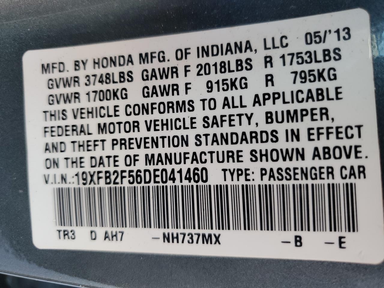 2013 Honda Civic Lx VIN: 19XFB2F56DE041460 Lot: 76518264