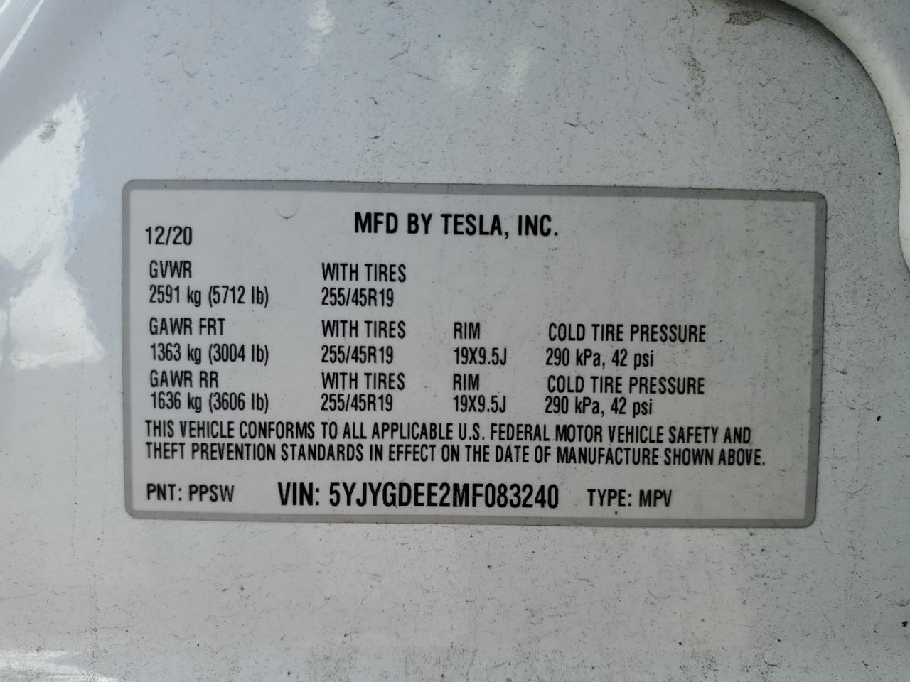 2021 Tesla Model Y VIN: 5YJYGDEE2MF083240 Lot: 73739094