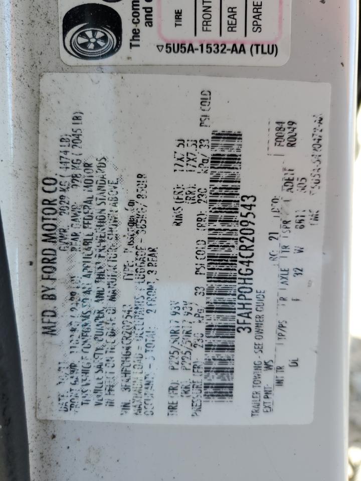 2012 Ford Fusion Se VIN: 3FAHP0HG4CR209543 Lot: 75729124