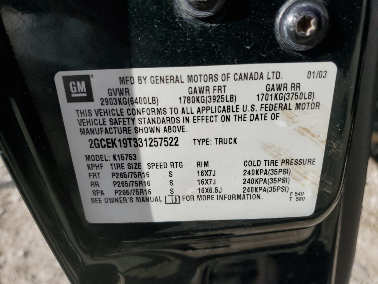 2GCEK19T331257522 2003 Chevrolet Silverado K1500