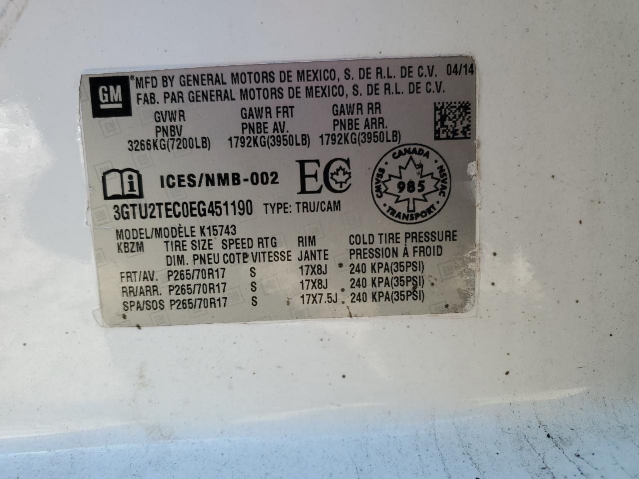 3GTU2TEC0EG451190 2014 GMC Sierra K1500