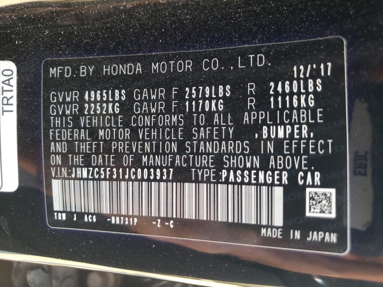 2018 Honda Clarity Touring VIN: JHMZC5F31JC003937 Lot: 76705184