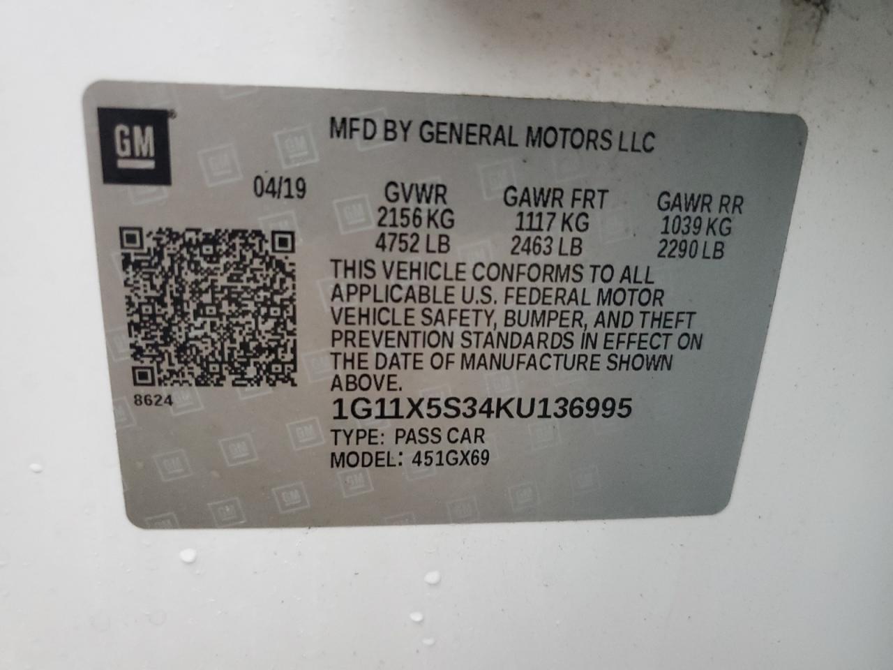 1G11X5S34KU136995 2019 Chevrolet Impala Ls