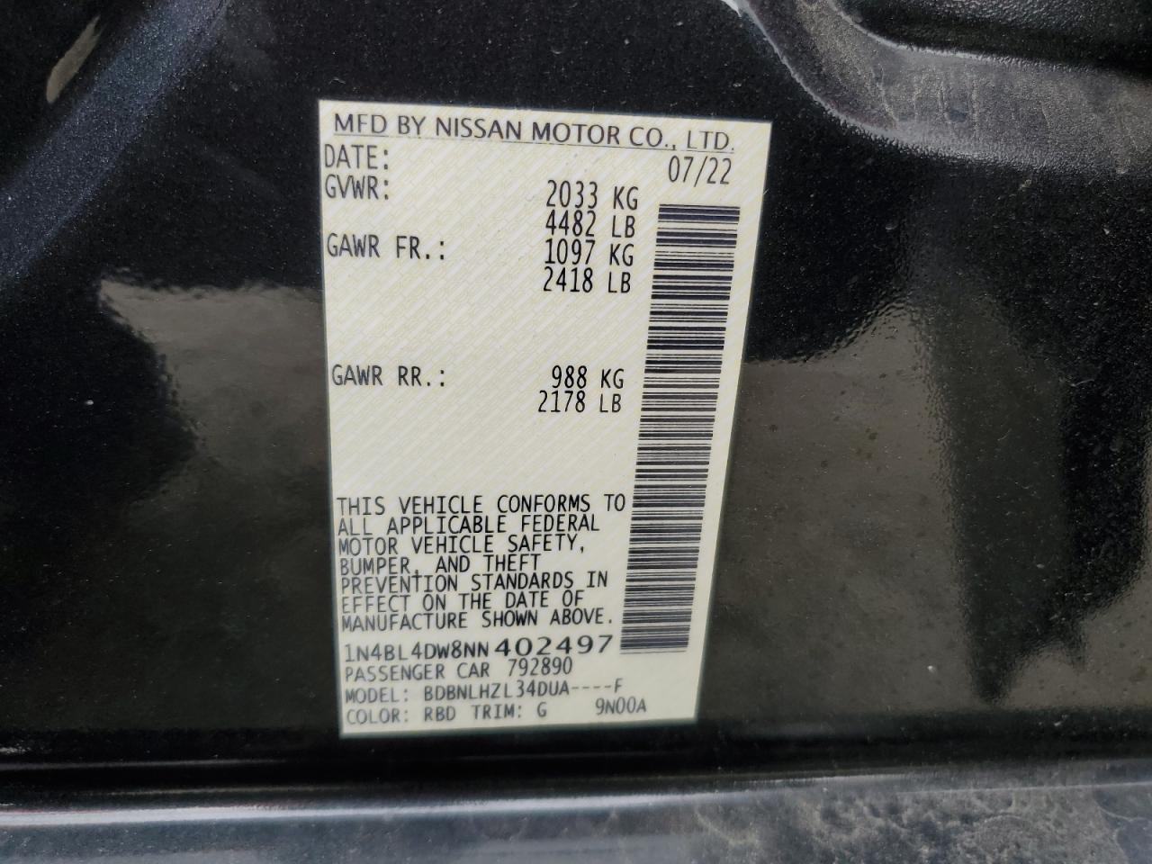 2022 Nissan Altima Sv VIN: 1N4BL4DW8NN402497 Lot: 71861854