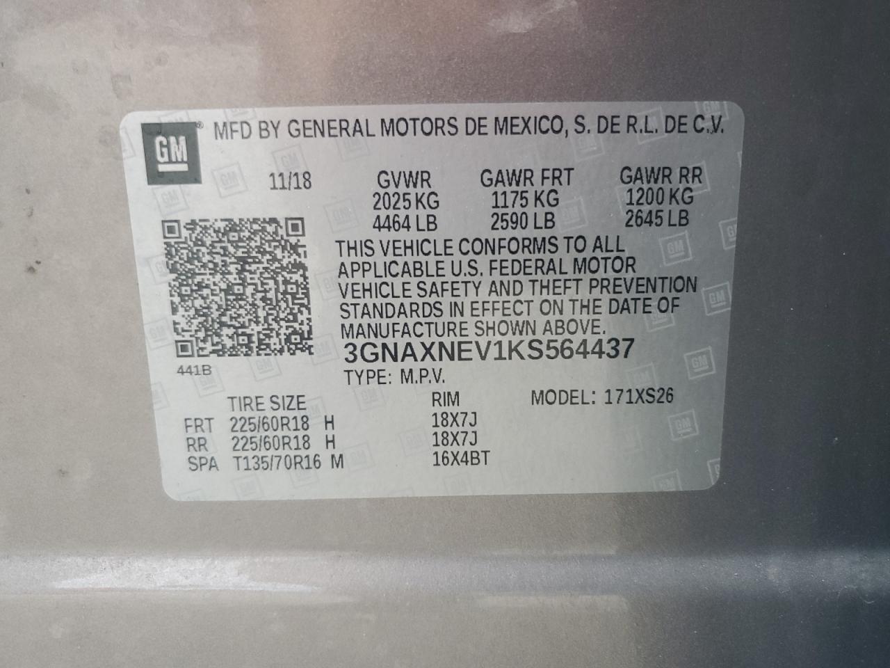 3GNAXNEV1KS564437 2019 Chevrolet Equinox Premier