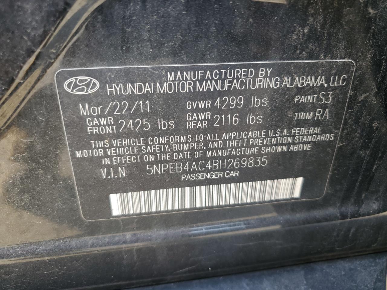 5NPEB4AC4BH269835 2011 Hyundai Sonata Gls