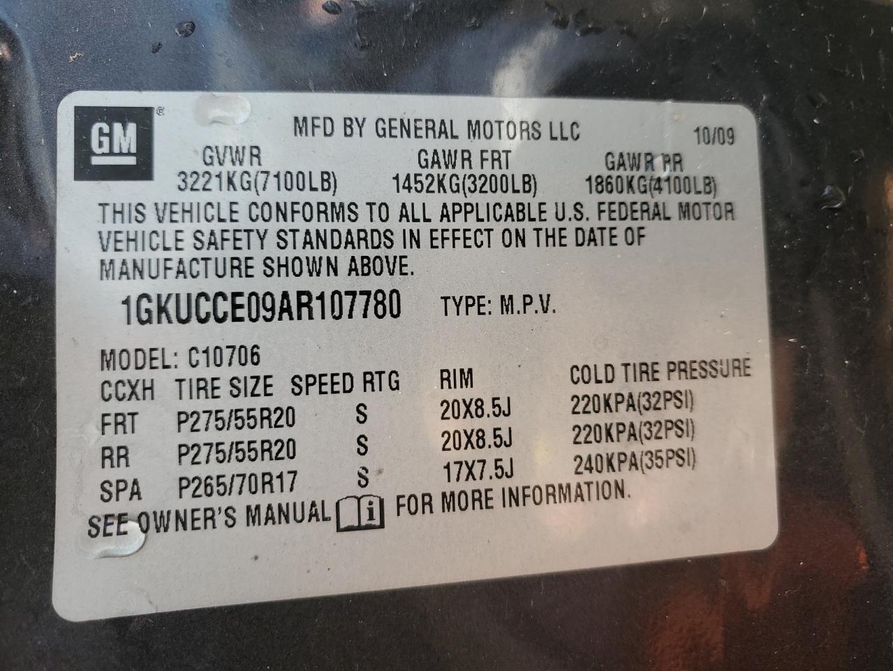 2010 GMC Yukon Slt VIN: 1GKUCCE09AR107780 Lot: 73761844