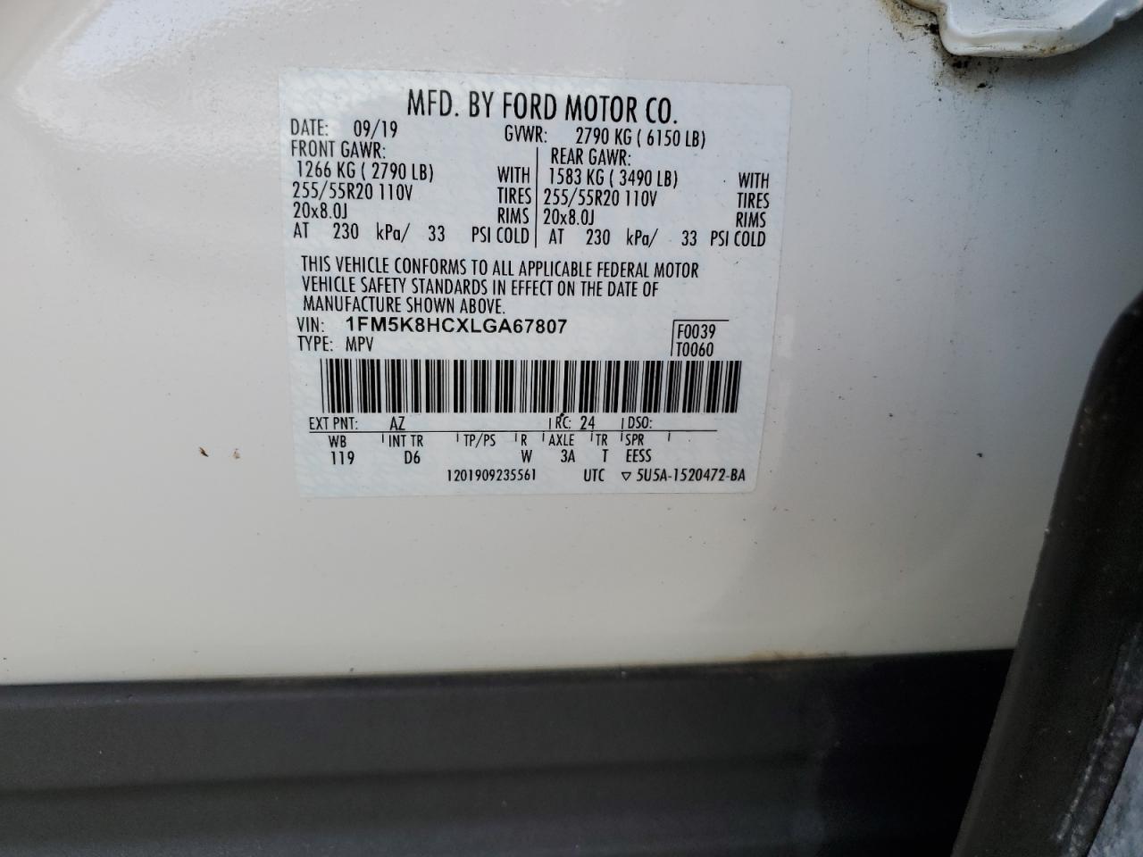 1FM5K8HCXLGA67807 2020 FORD EXPLORER - Image 14