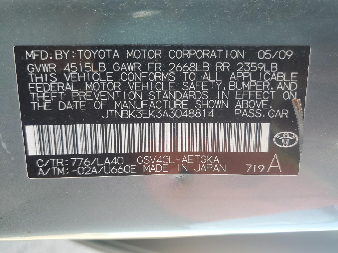 2010 Toyota Camry Se VIN: JTNBK3EK3A3048814 Lot: 76108844