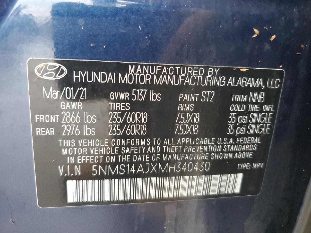 2021 Hyundai Santa Fe Se VIN: 5NMS14AJXMH340430 Lot: 74538954