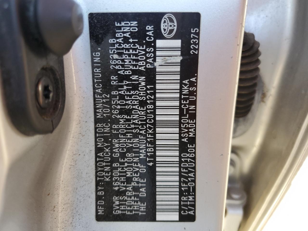 4T1BF1FK7CU181211 2012 Toyota Camry Base