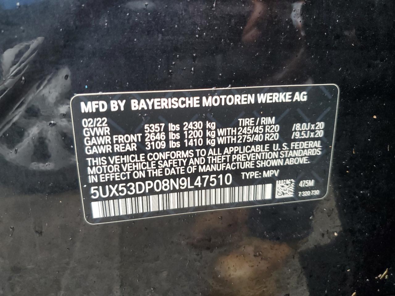 2022 BMW X3 xDrive30I VIN: 5UX53DP08N9L47510 Lot: 73879844