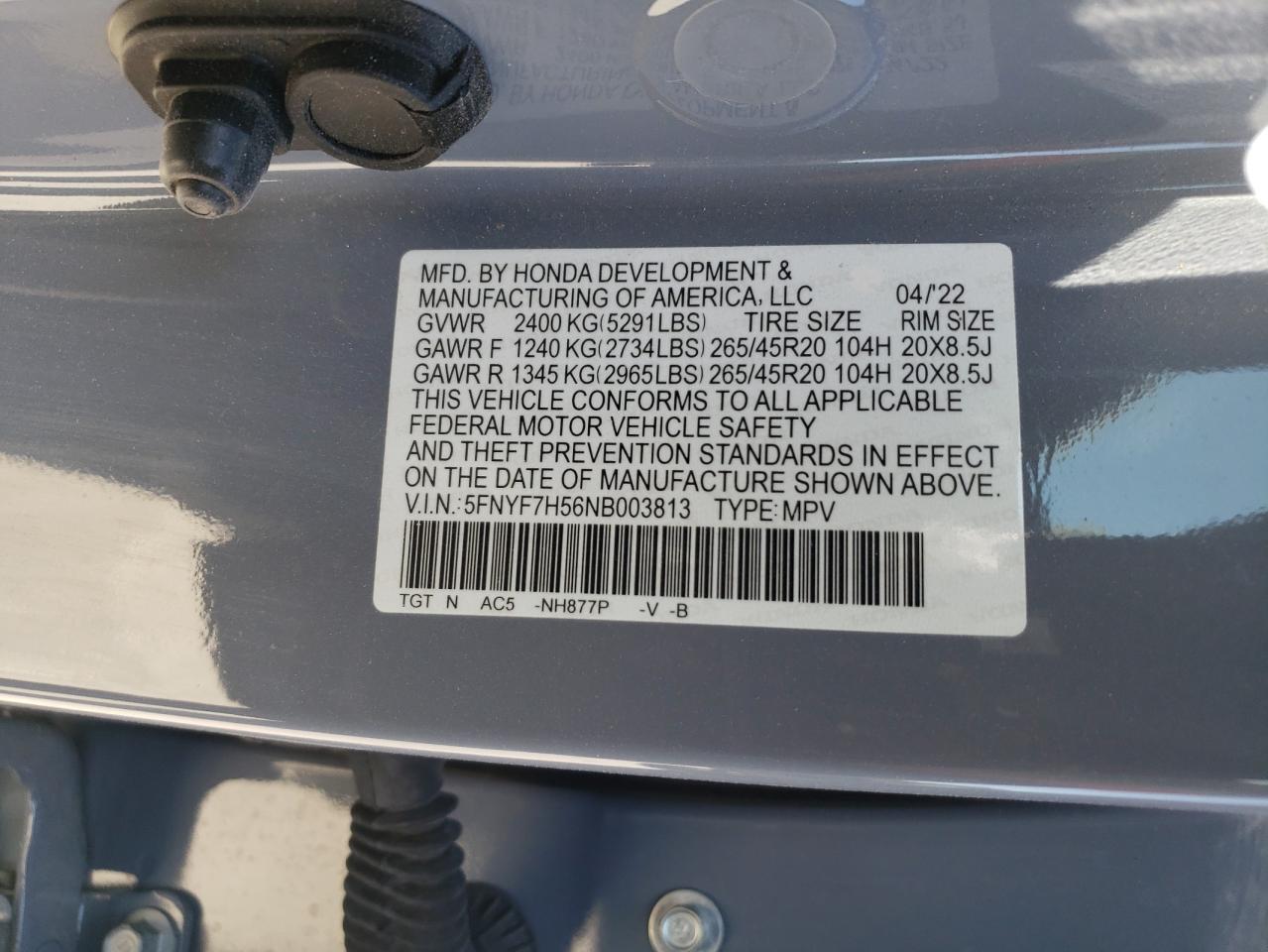 2022 Honda Passport Exl VIN: 5FNYF7H56NB003813 Lot: 76245734