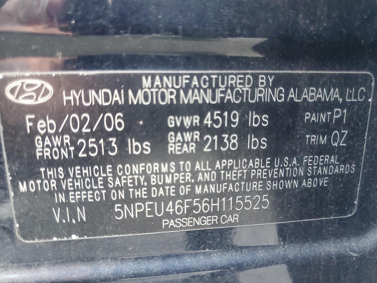 2006 Hyundai Sonata Gls VIN: 5NPEU46F56H115525 Lot: 77828564