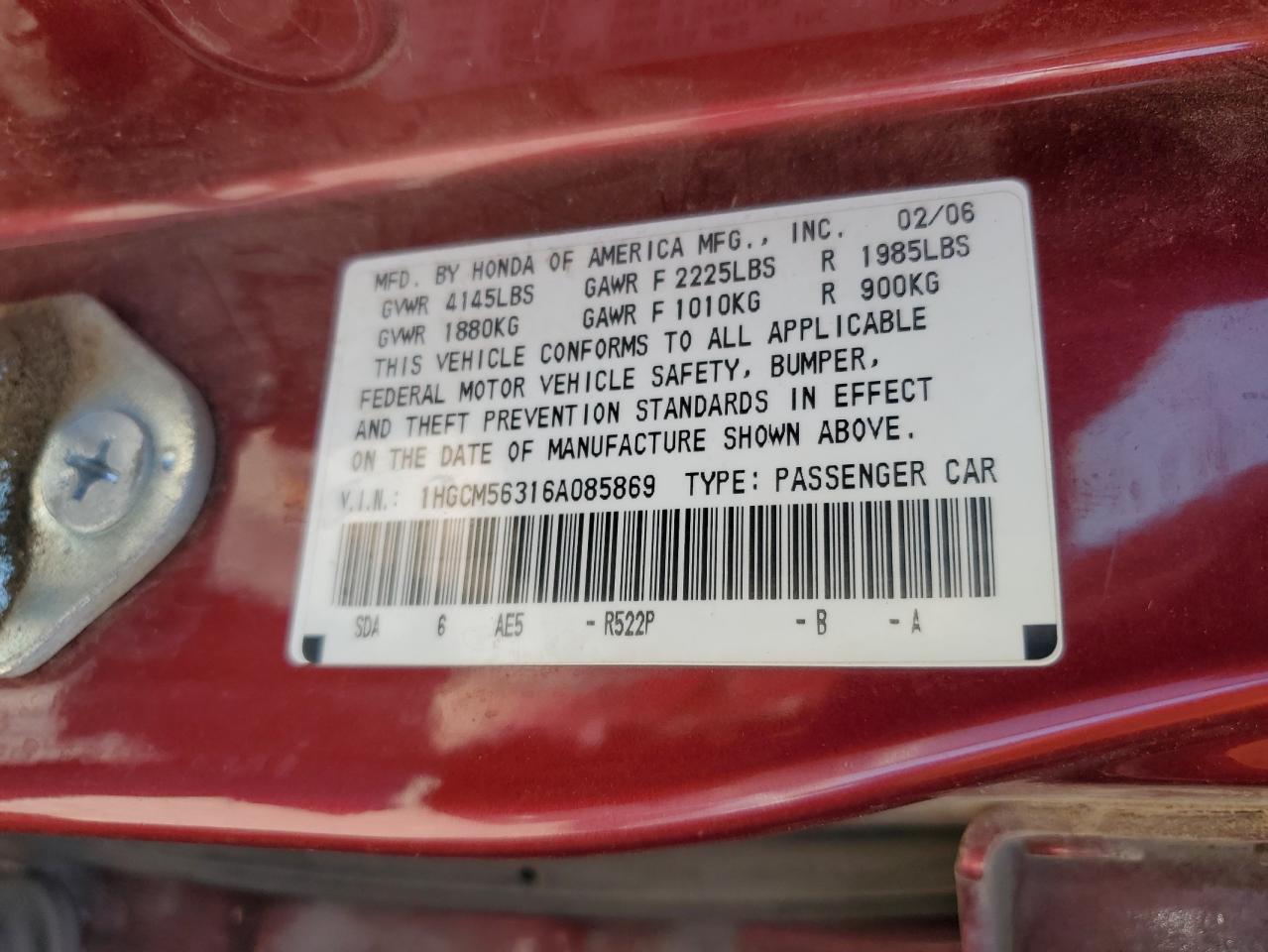 2006 Honda Accord Se VIN: 1HGCM56316A085869 Lot: 73719904