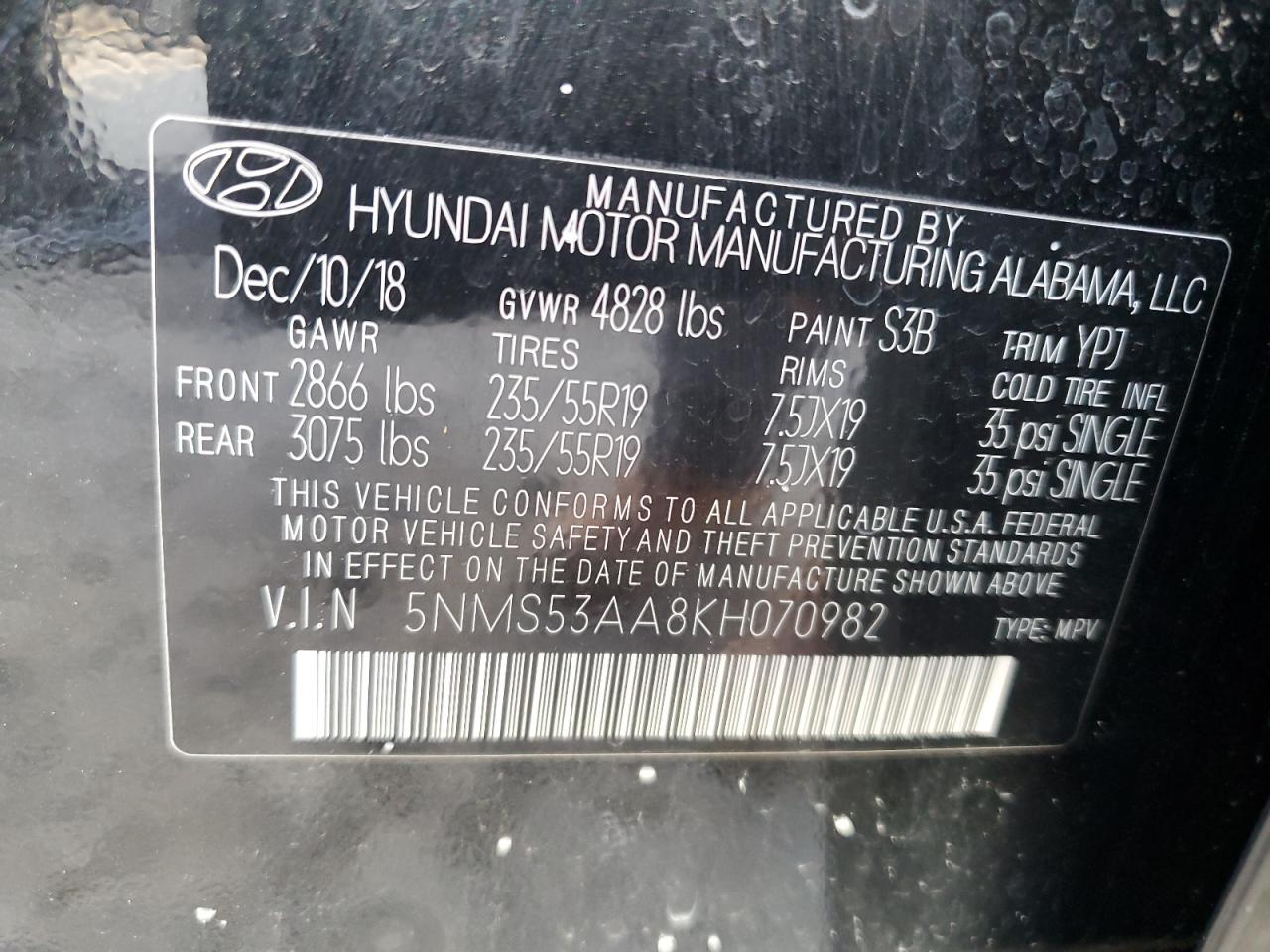 5NMS53AA8KH070982 2019 Hyundai Santa Fe Limited