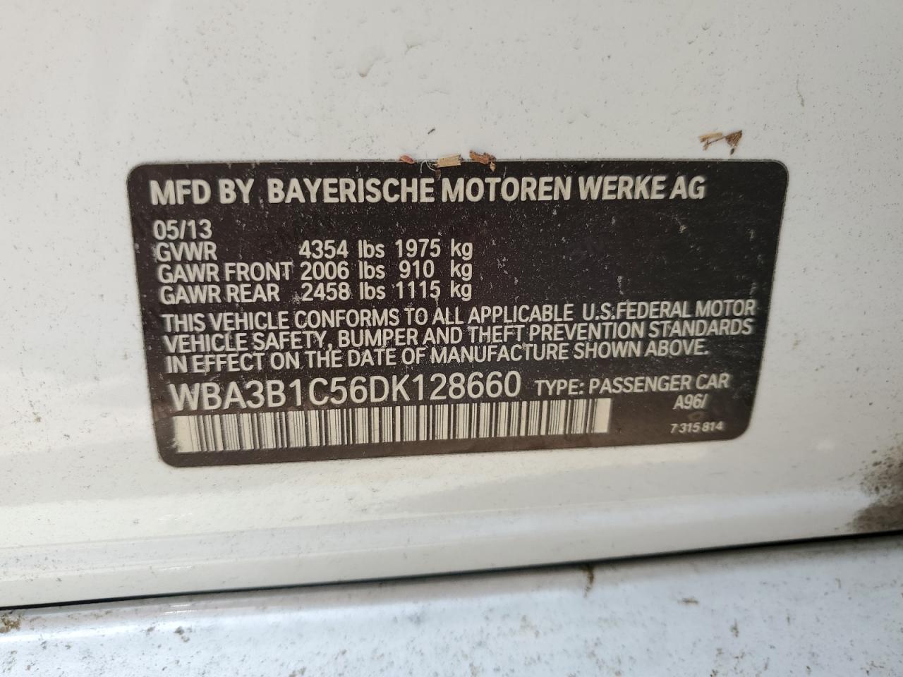 2013 BMW 320 I VIN: WBA3B1C56DK128660 Lot: 74491024