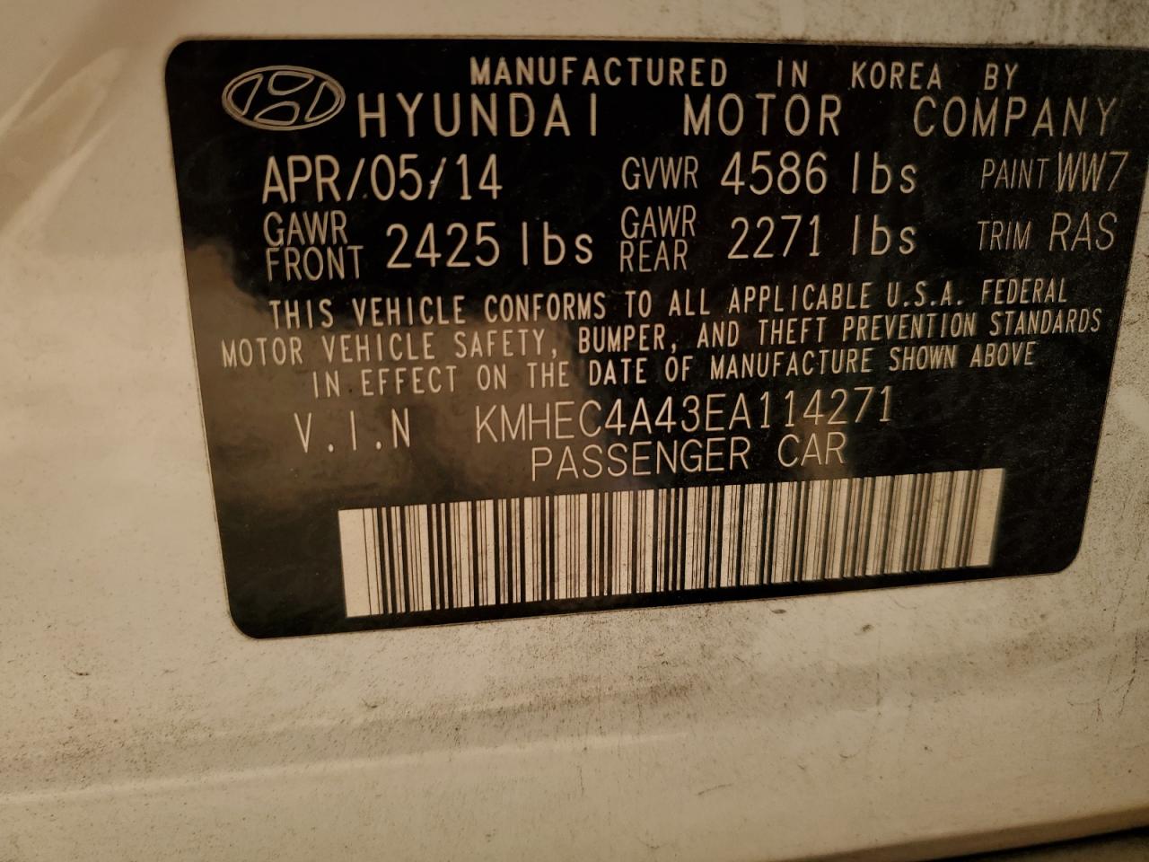 2014 Hyundai Sonata Hybrid VIN: KMHEC4A43EA114271 Lot: 78373474