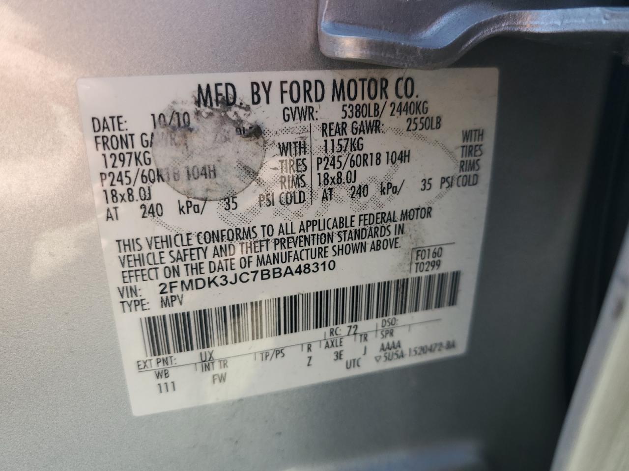 2011 Ford Edge Sel VIN: 2FMDK3JC7BBA48310 Lot: 76501174