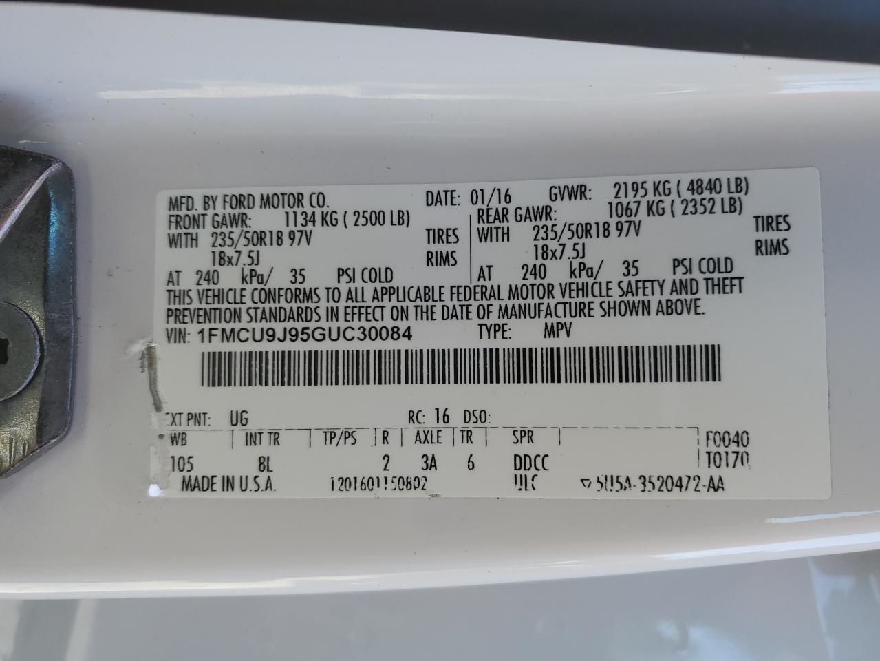 2016 Ford Escape Titanium VIN: 1FMCU9J95GUC30084 Lot: 77082134