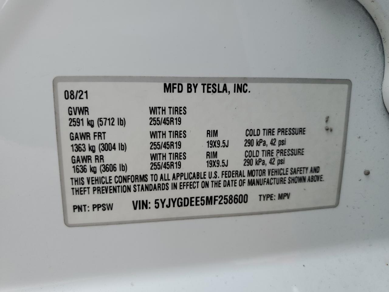 2021 Tesla Model Y VIN: 5YJYGDEE5MF258600 Lot: 76342544