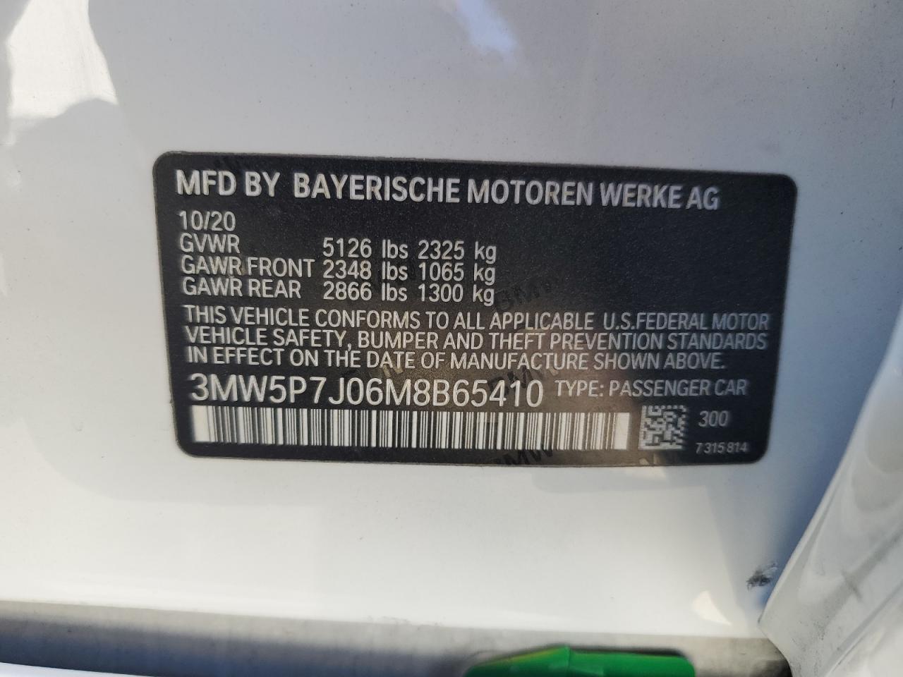 2021 BMW 330E VIN: 3MW5P7J06M8B65410 Lot: 76583194