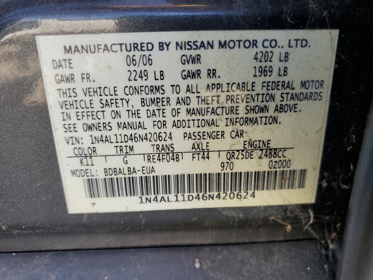 1N4AL11D46N420624 2006 Nissan Altima S