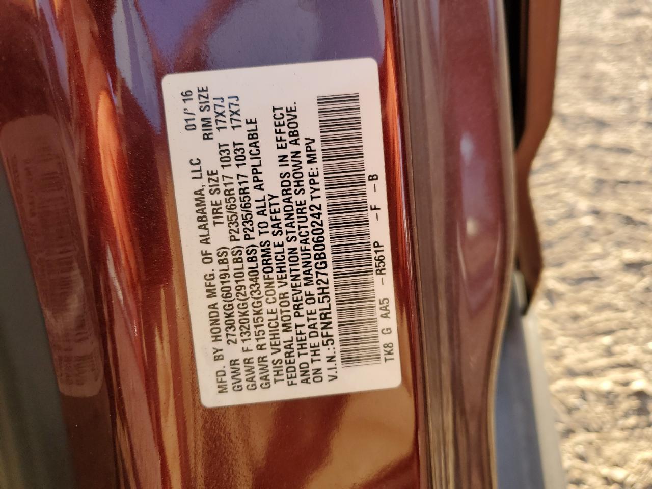 5FNRL5H27GB060242 2016 Honda Odyssey Lx