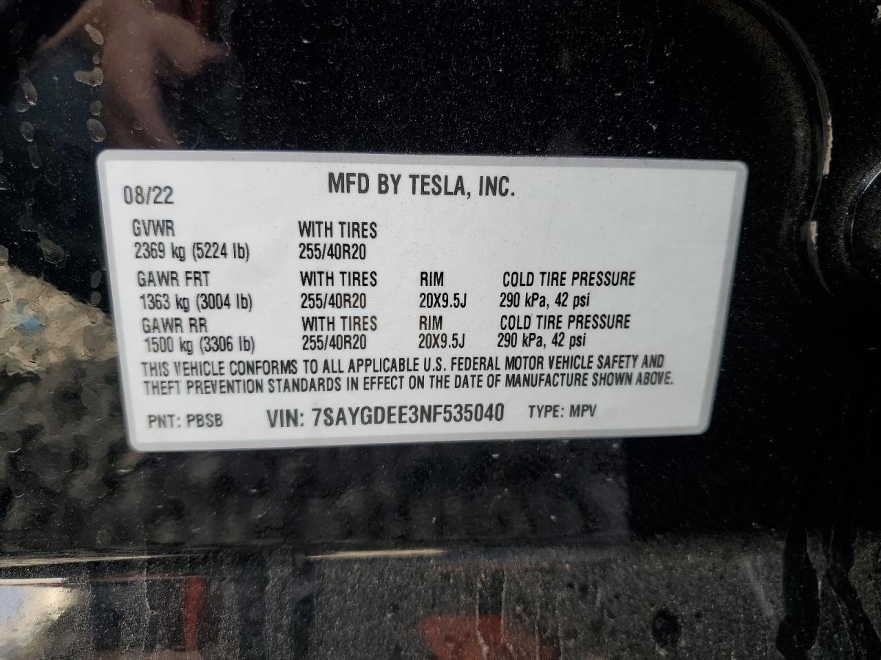 VIN 7SAYGDEE3NF535040 2022 TESLA MODEL Y no.12