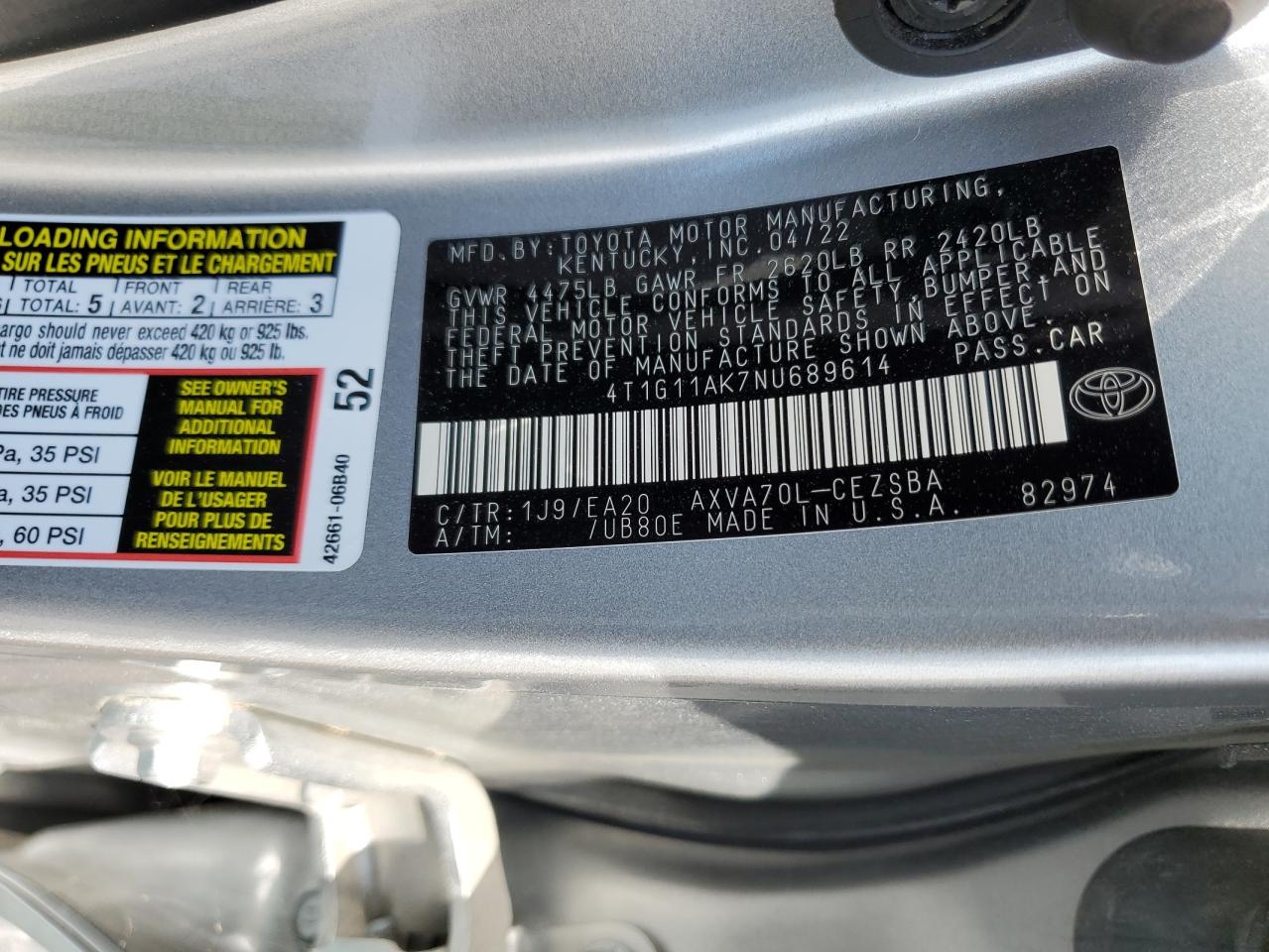 4T1G11AK7NU689614 2022 TOYOTA CAMRY - Image 12