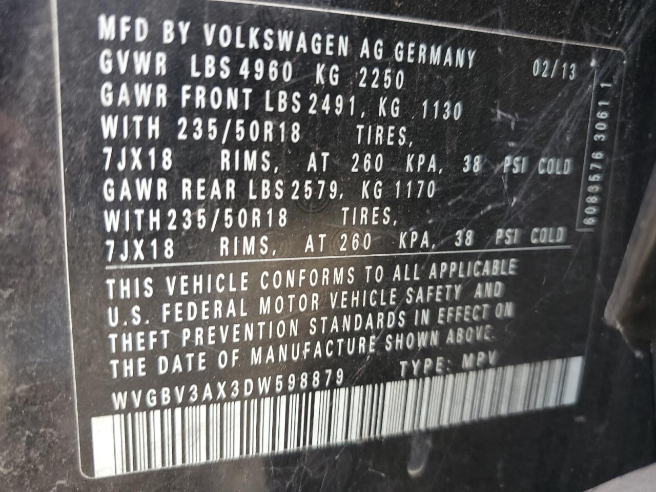 WVGBV3AX3DW598879 2013 Volkswagen Tiguan S