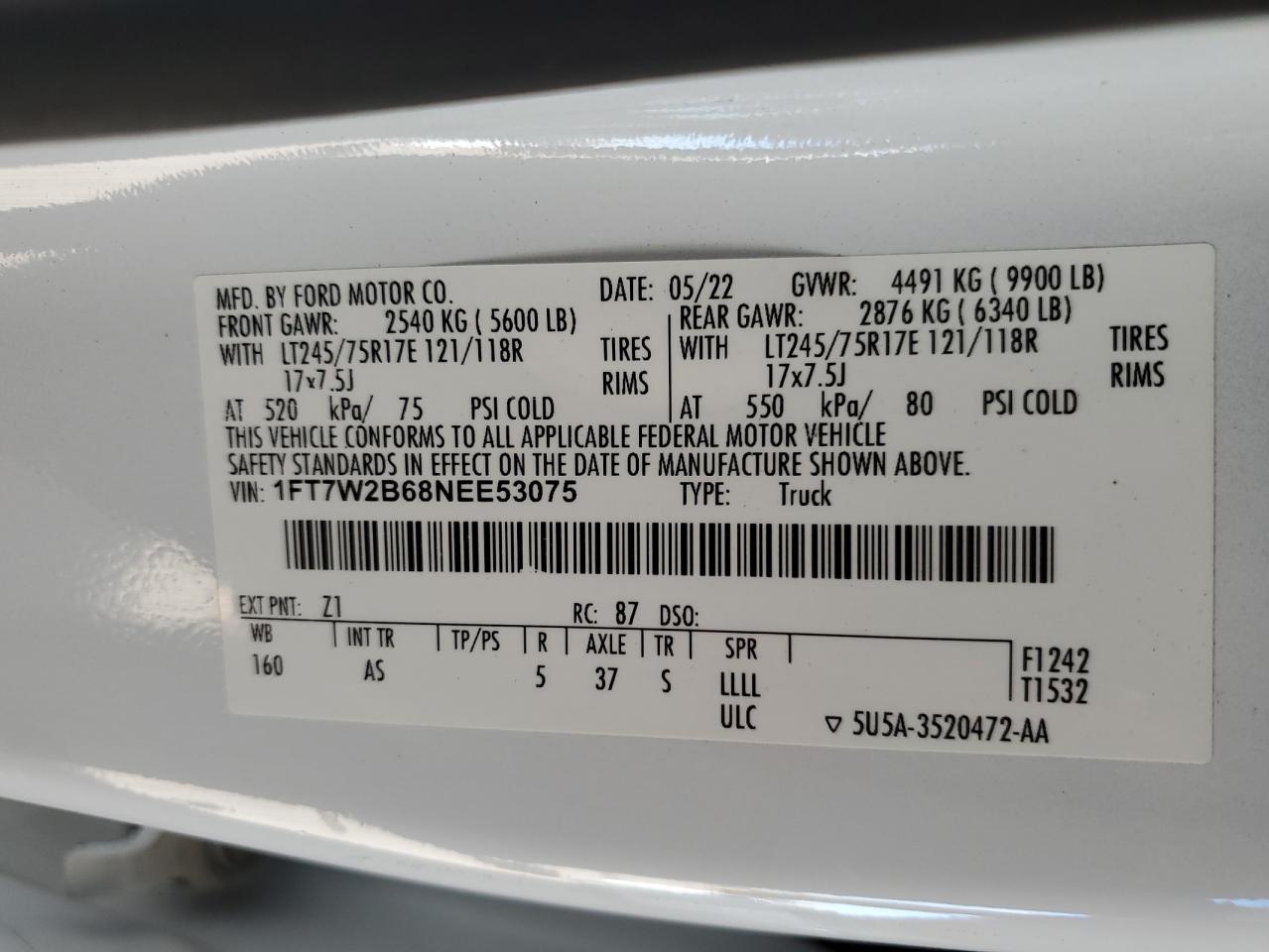 2022 Ford F250 Super Duty VIN: 1FT7W2B68NEE53075 Lot: 77130114