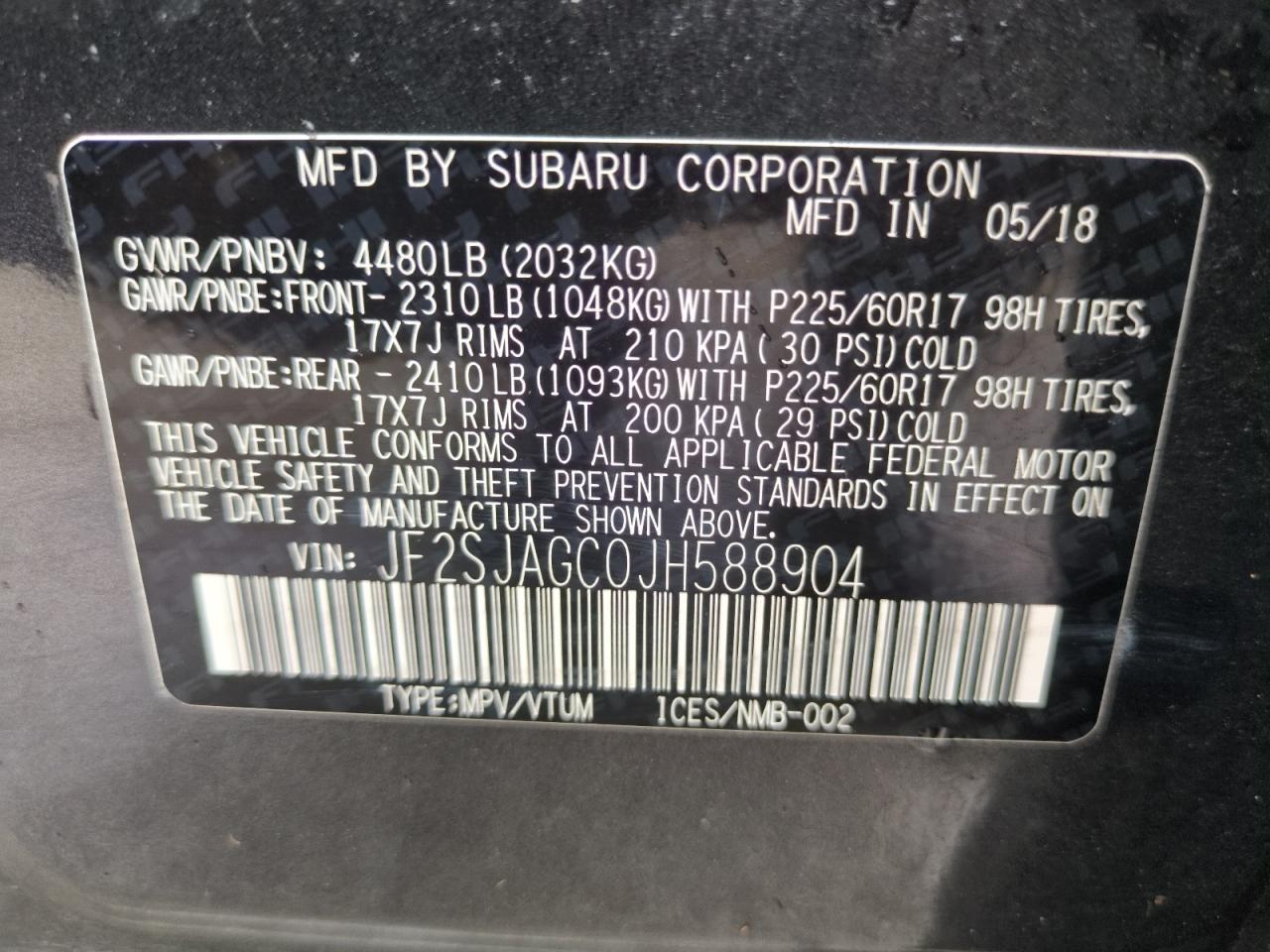 JF2SJAGC0JH588904 2018 Subaru Forester 2.5I Premium