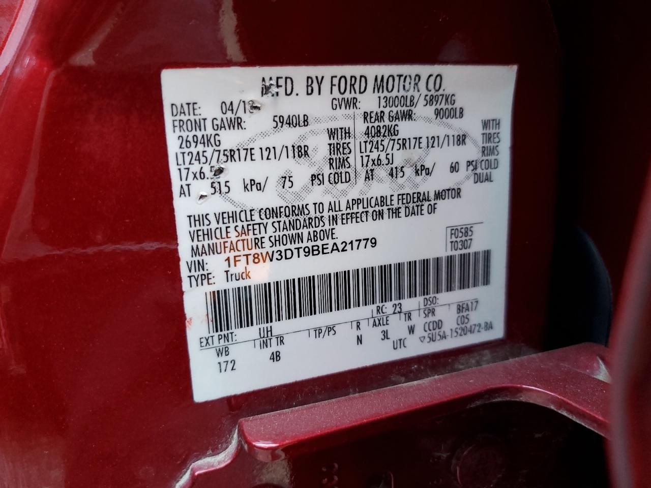 2011 Ford F350 Super Duty VIN: 1FT8W3DT9BEA21779 Lot: 74139044