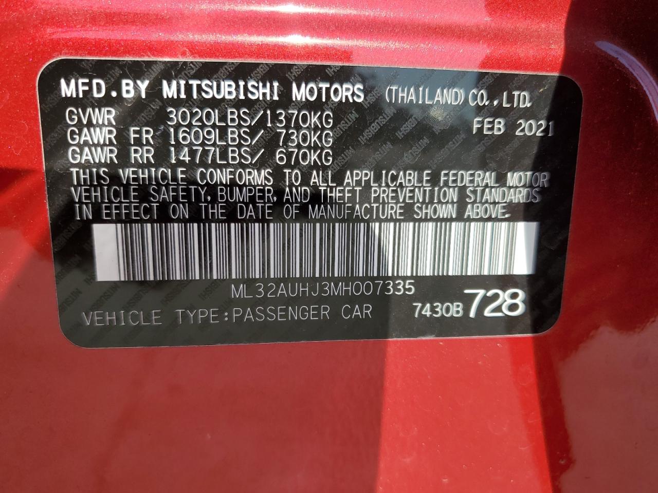 2021 Mitsubishi Mirage Es VIN: ML32AUHJ3MH007335 Lot: 74833984