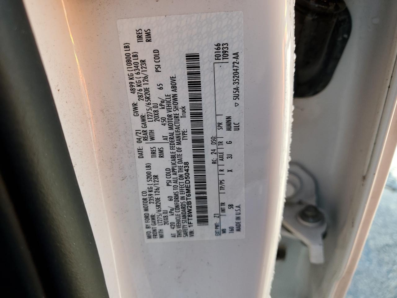 2021 Ford F250 Super Duty VIN: 1FT8W2BT6MED50438 Lot: 76909204