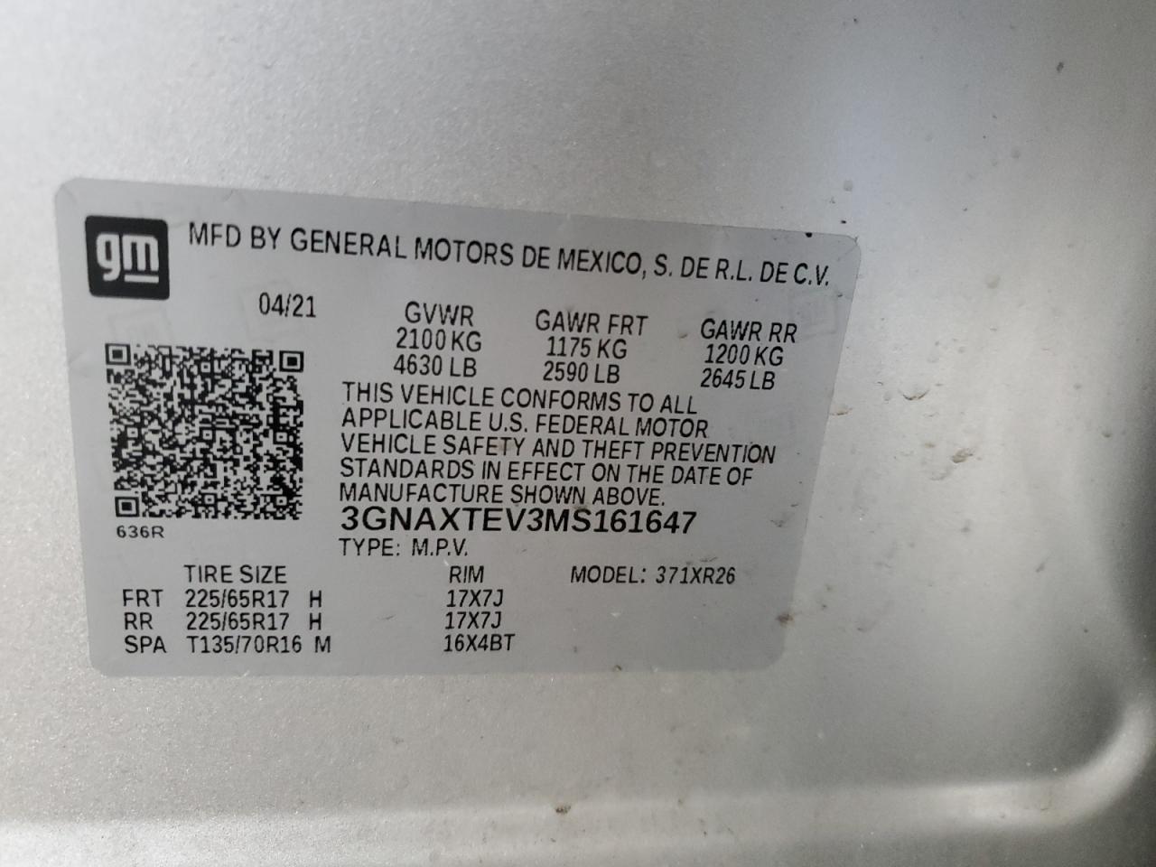 3GNAXTEV3MS161647 2021 Chevrolet Equinox Lt