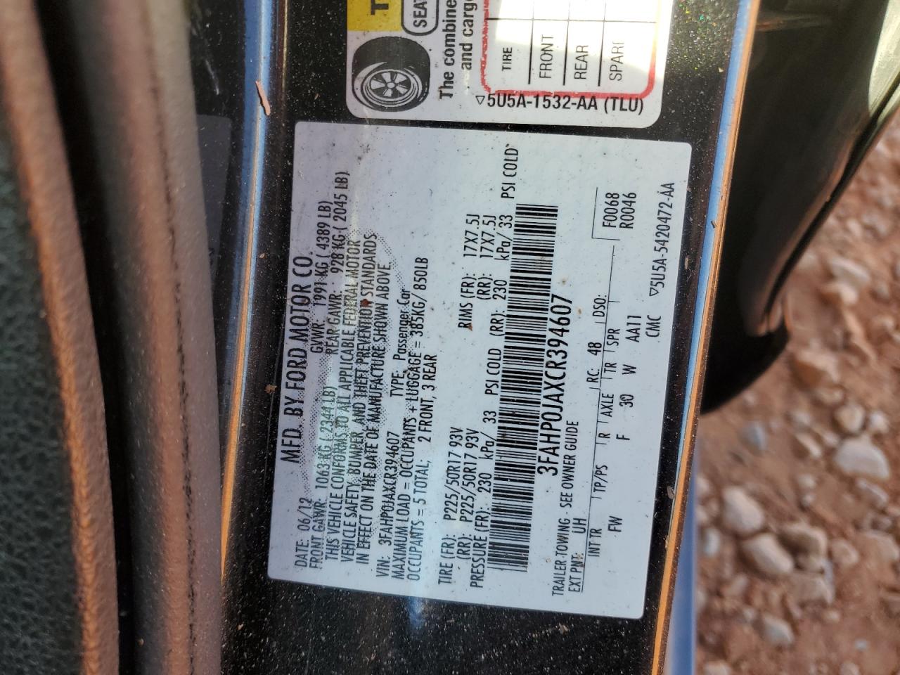 2012 Ford Fusion Sel VIN: 3FAHP0JAXCR394607 Lot: 75798554