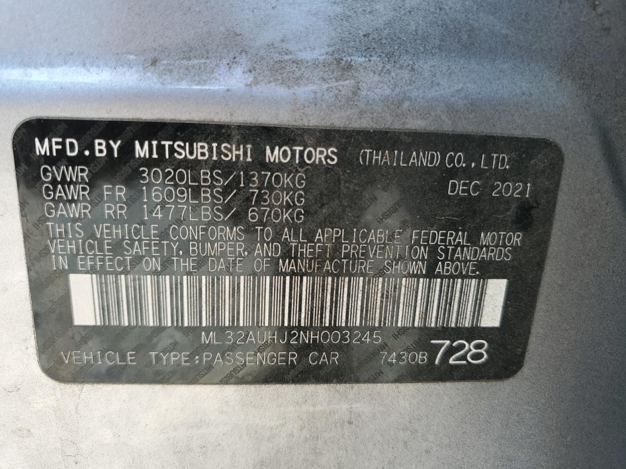 2022 Mitsubishi Mirage Es VIN: ML32AUHJ2NH003245 Lot: 78240354