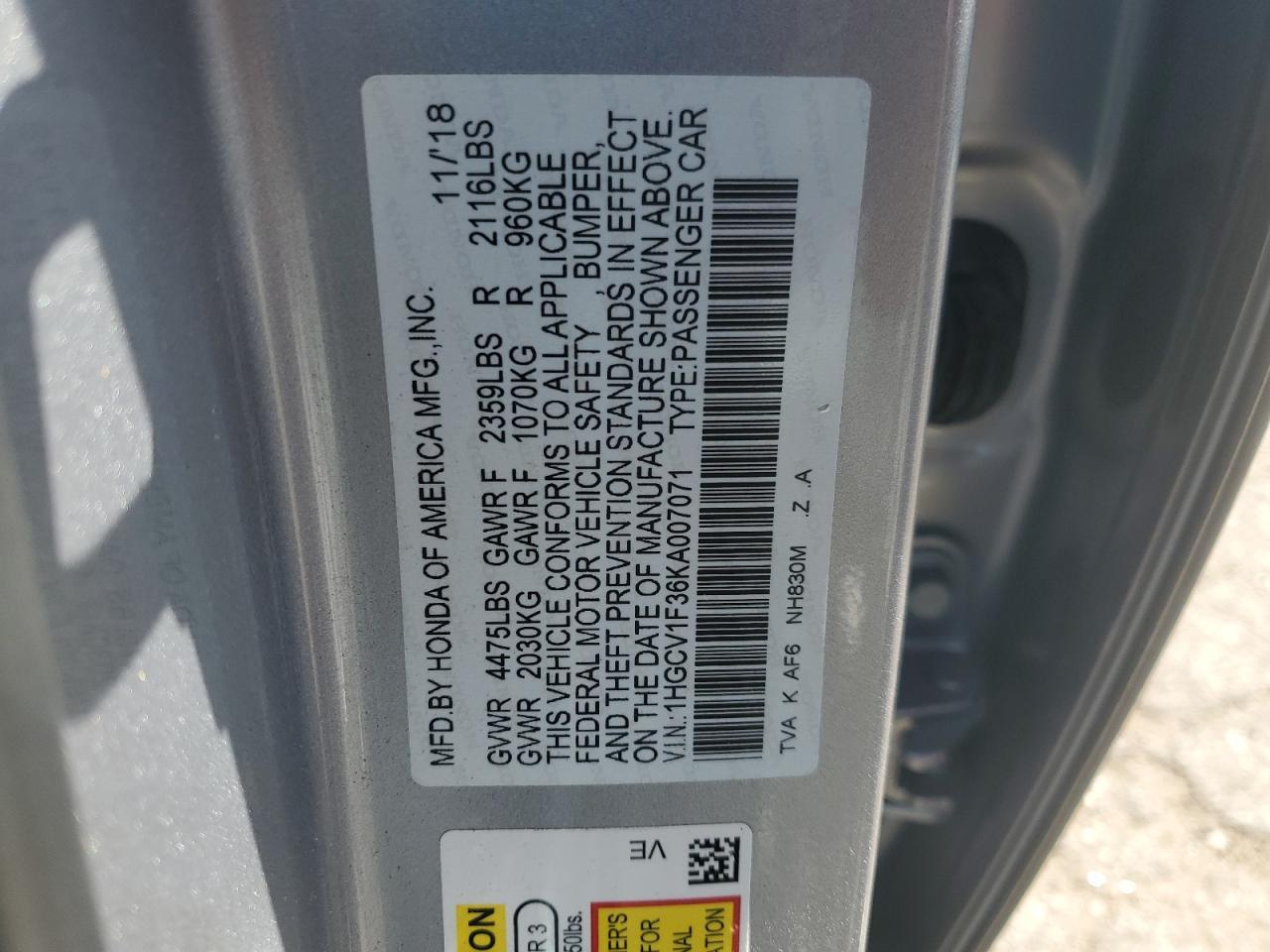 1HGCV1F36KA007071 2019 Honda Accord Sport