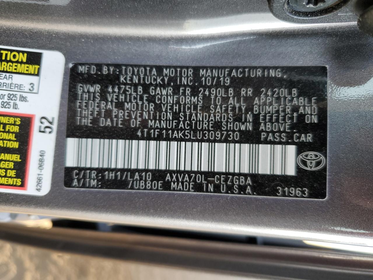 4T1F11AK5LU309730 2020 Toyota Camry Xle