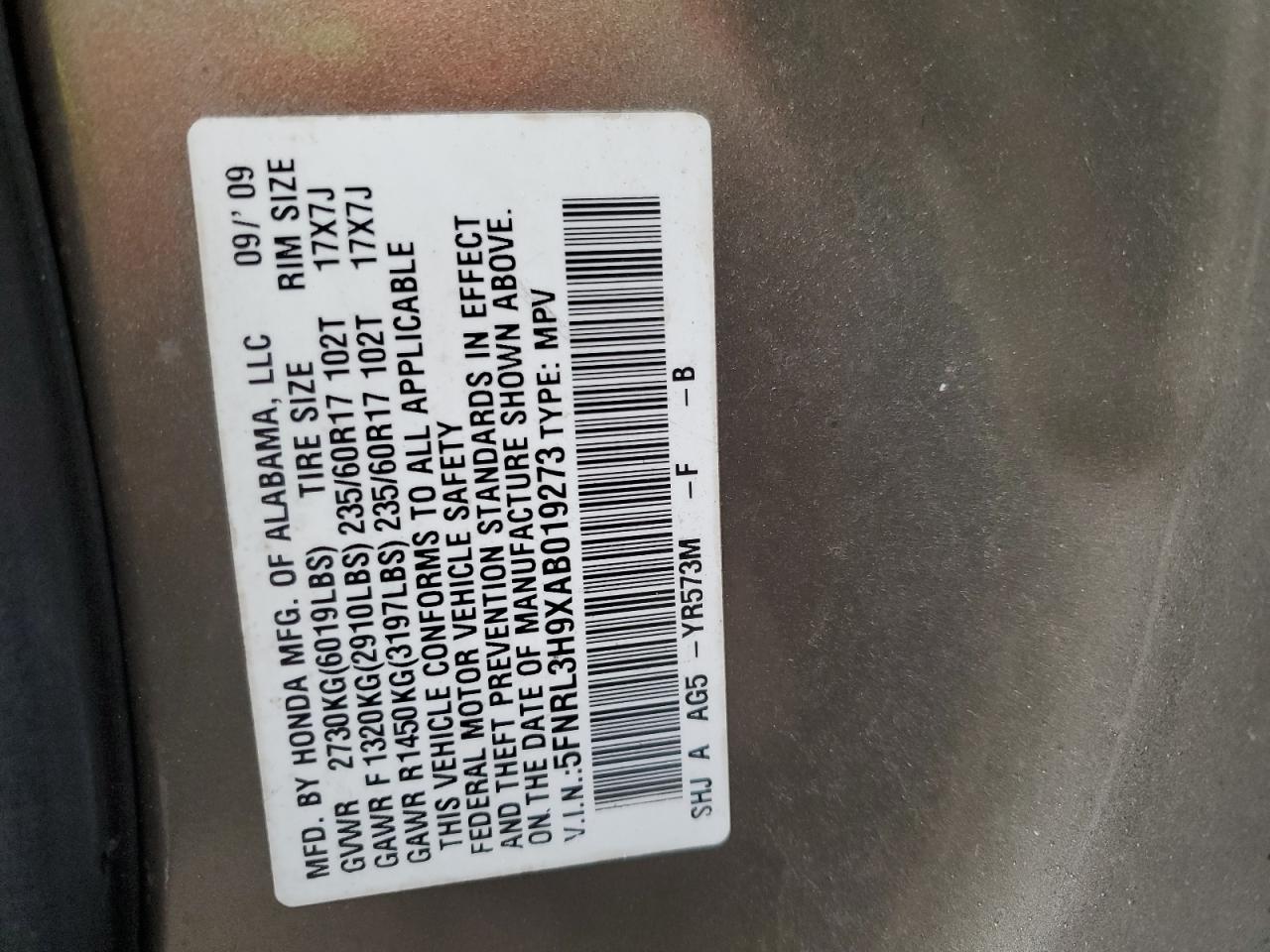 5FNRL3H9XAB019273 2010 Honda Odyssey Touring