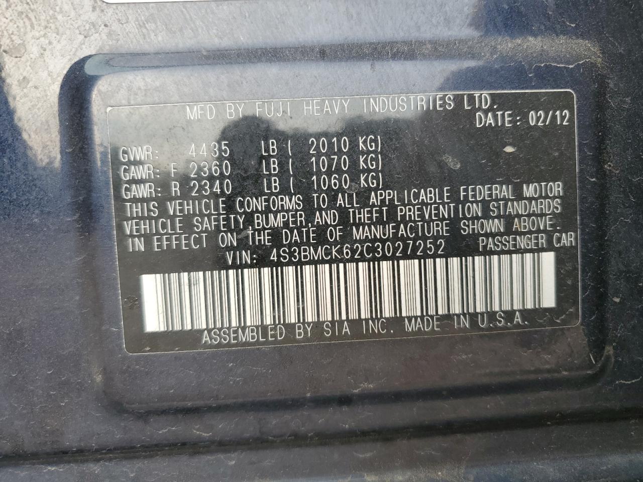 2012 Subaru Legacy 2.5I Limited VIN: 4S3BMCK62C3027252 Lot: 75020164