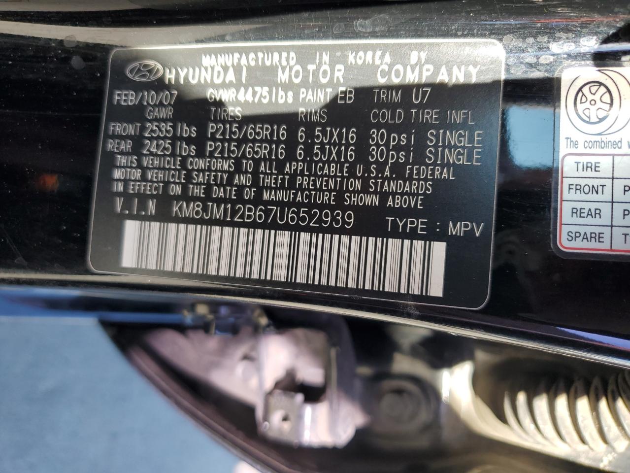 KM8JM12B67U652939 2007 Hyundai Tucson Gls