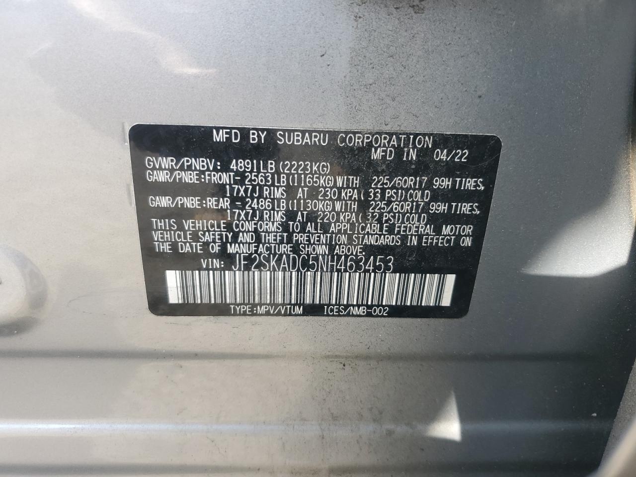 2022 Subaru Forester Premium VIN: JF2SKADC5NH463453 Lot: 76467134