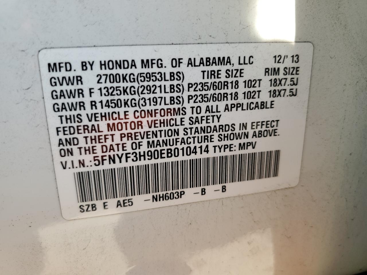 5FNYF3H90EB010414 2014 Honda Pilot Touring