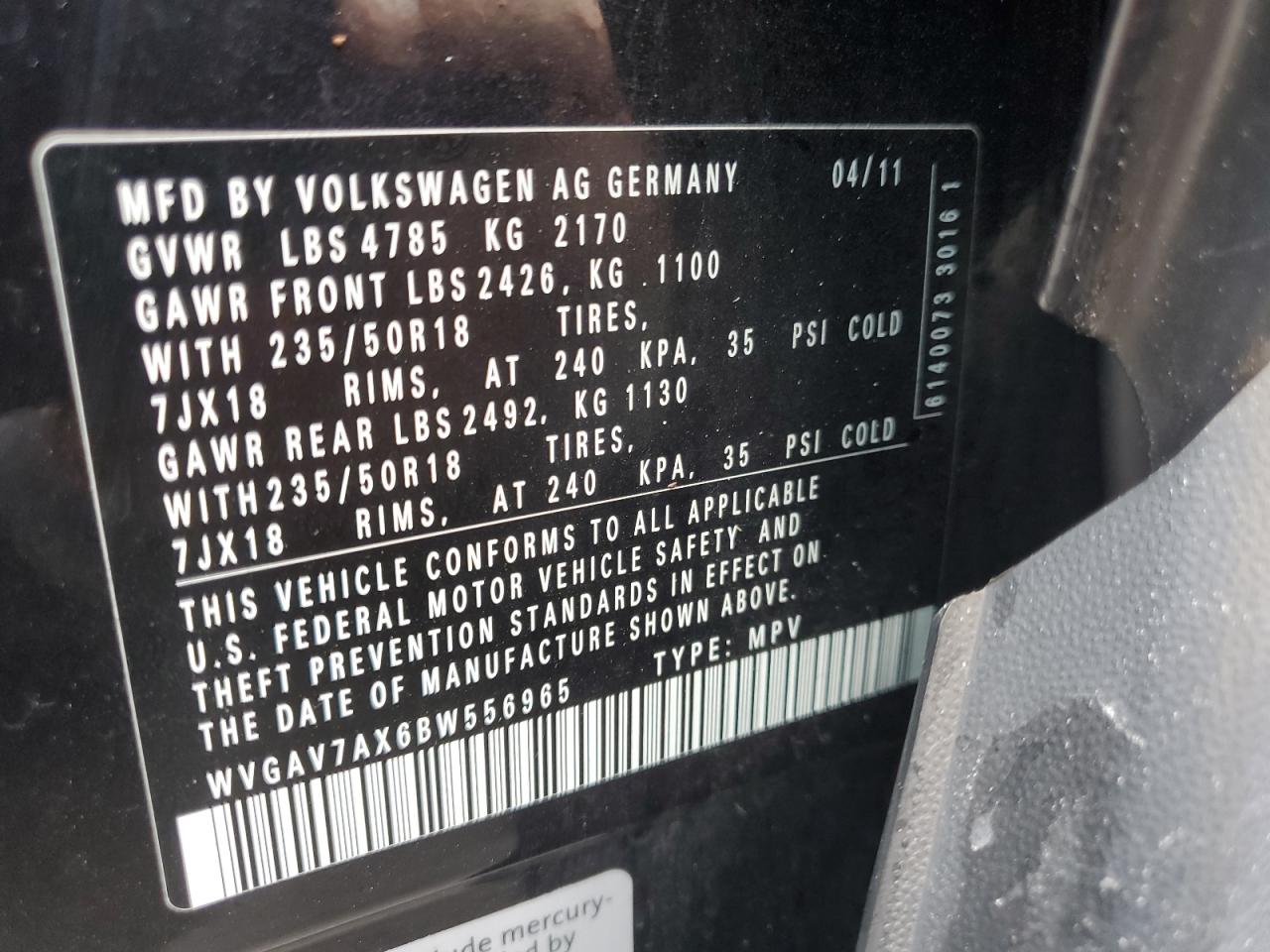 2011 Volkswagen Tiguan S VIN: WVGAV7AX6BW556965 Lot: 73747774